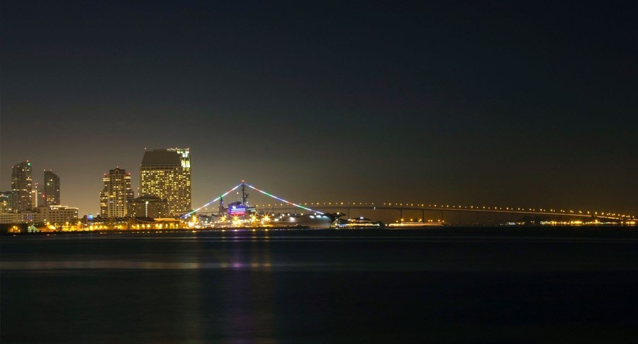 San Diego waterfront and city lights at night